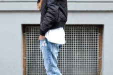 With puffer jacket, white shirt and cuffed jeans