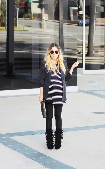With striped dress, black tights and navy blue long blazer