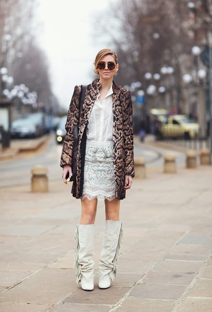 With white blouse, white skirt and printed coat