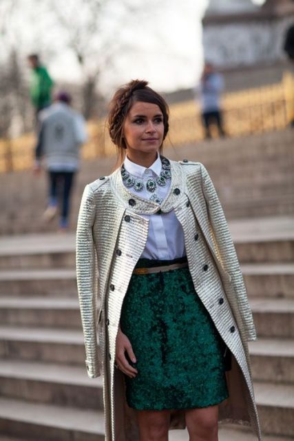With white classic shirt, statement necklace and metallic coat
