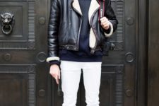 With white pants, shearling jacket and sweater