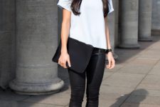 With white shirt and skinny black trousers