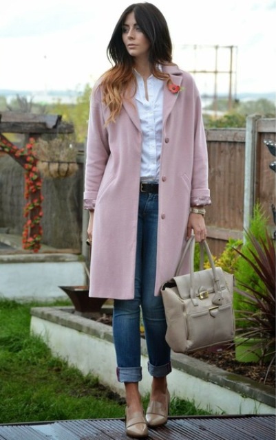 With white shirt, cuffed jeans, neutral color loafers