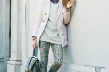With white sweater, pastel color blazer and bag