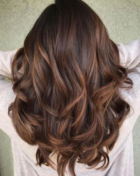 long and volumetric chestnut hair with copper and caramel balayage and waves is adorable