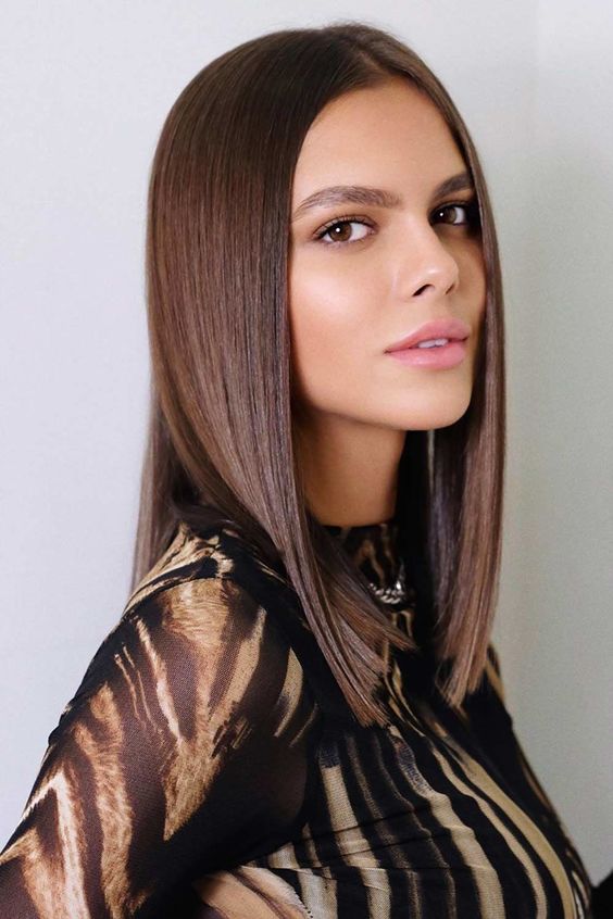Medium length chestnut hair, straight and with a glossy finish, is a catchy and chic solution