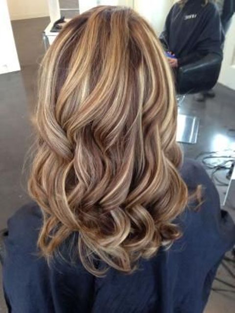 warm chocolate brown base with golden blonde highlights