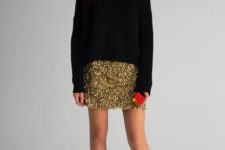 02 a black sweater, a gold sequin mini and heels