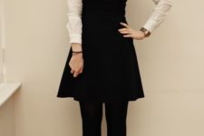 03 a button down under a sleeveless dress with tights