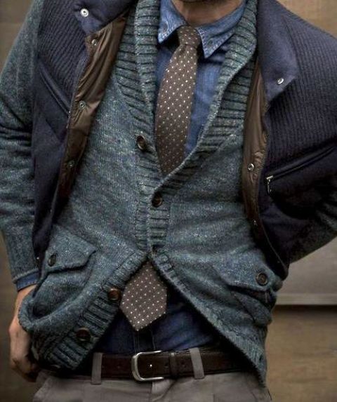 a chambray shirt, a woolen cardigan and a jacket for a cold winter