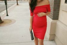 04 red off the shoulder dress and nude heels