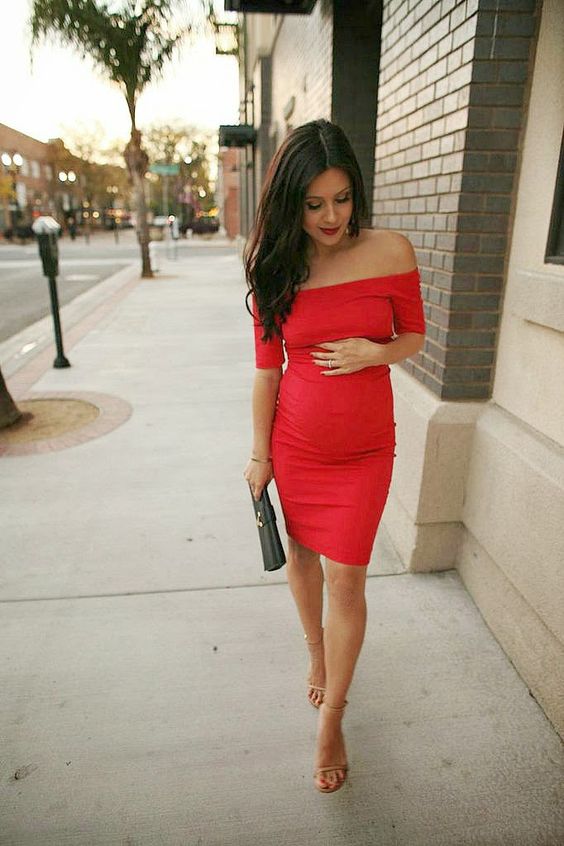 red off the shoulder dress and nude heels