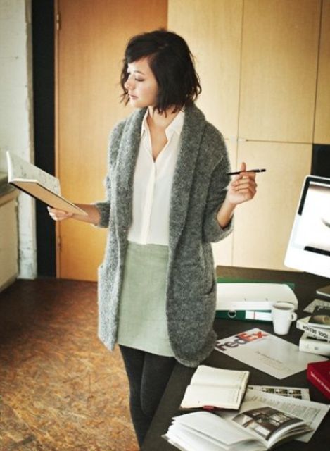 casual winter look with a dove grey mini, a white shirt and a comfy fluffy grey cardigan