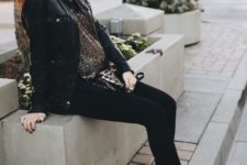 08 a leather jacket, black leggings, a sparkly tunic and red heels