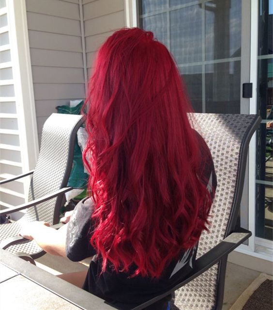 bright red long wavy hairstyle