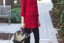 10 black leggings, a red plaid shirt and suede boots