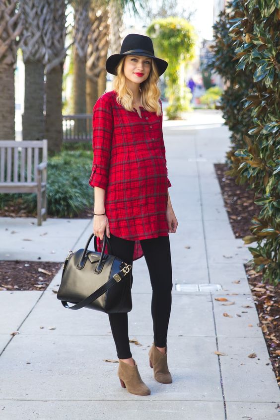 black leggings, a red plaid shirt and suede boots
