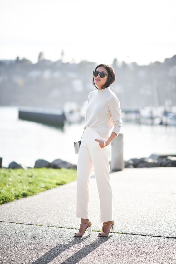 pants, a white sweater and nude heels if it's not too cold outside