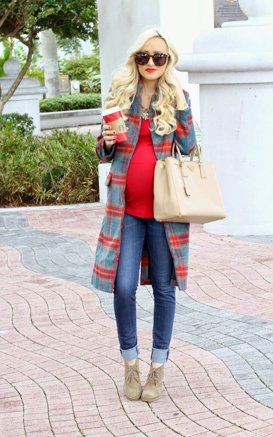casual winter look with jeans, a red shirt, a plaid coat and neutral boots