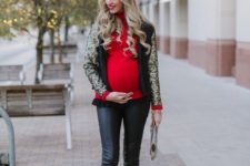 13 leather leggings, a red turtleneck, a sequin blazer and black heels