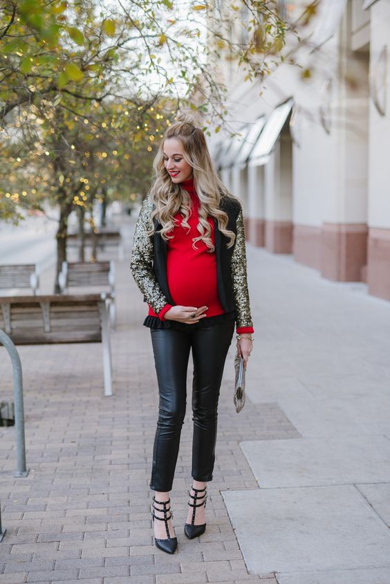 leather leggings, a red turtleneck, a sequin blazer and black heels