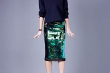 16 a green sequin skirt, a navy sweater and sneakers for a modern look
