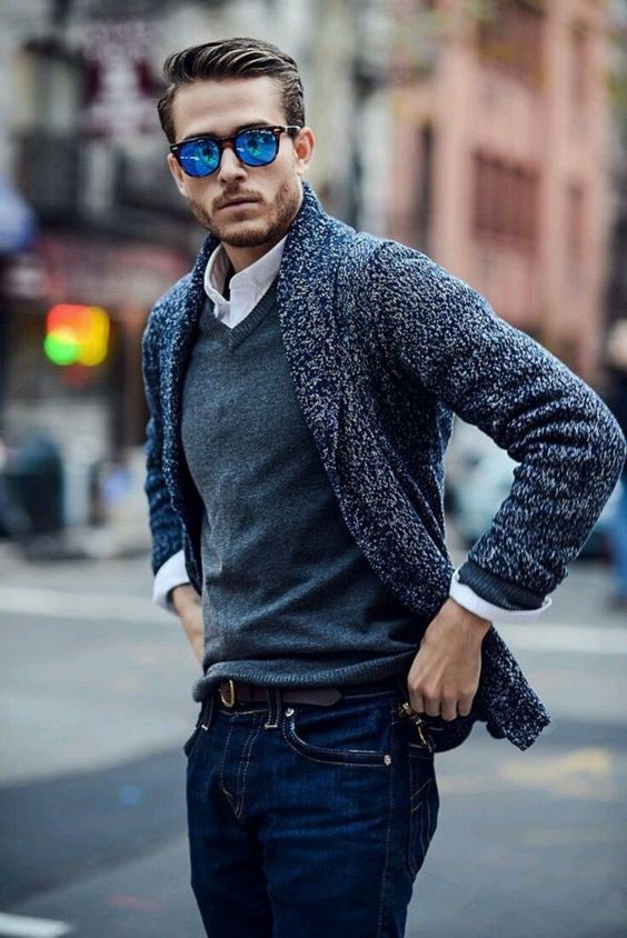 jeans, a grey sweater over the shirt, a cardigan for a comfy layered look