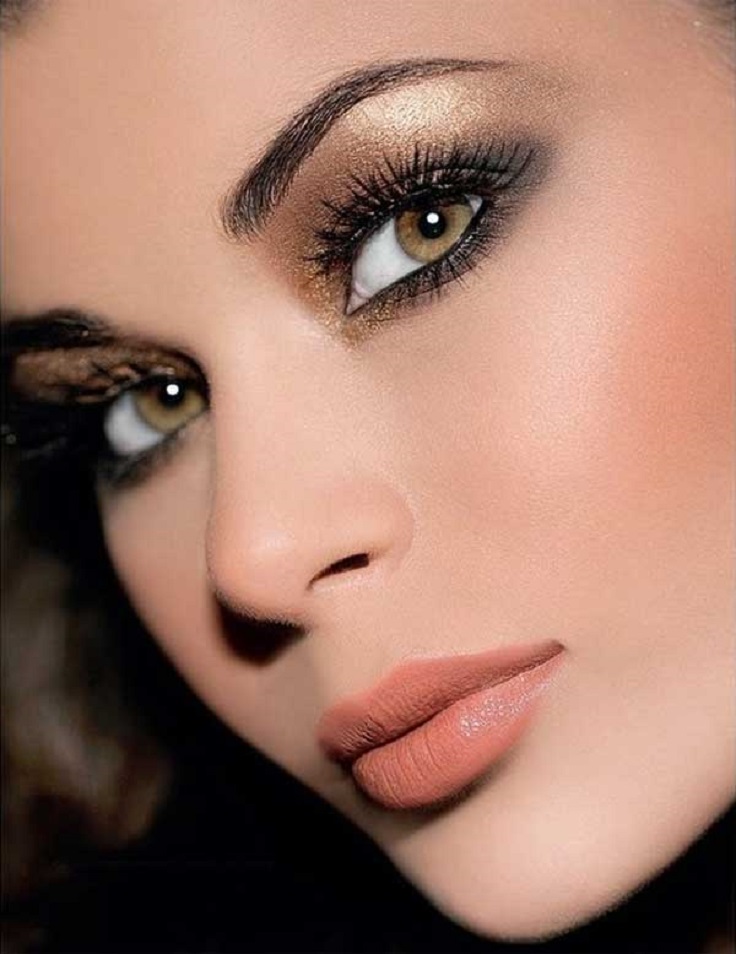 shimmering gold smokey eyes and a glossy nude lip