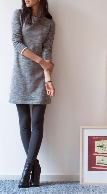 leggings, a grey sweater dress and heels
