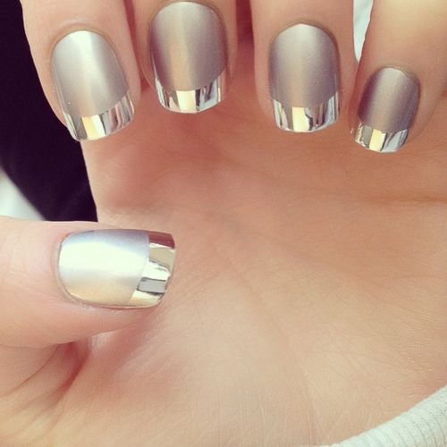 matte silver with mirror tips nails