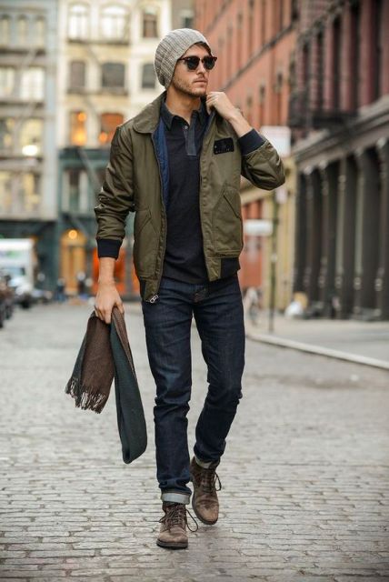 With beanie, cuffed jeans and brown boots