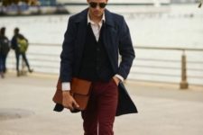 With button down shirt, vest, marsala trousers and brown shoes