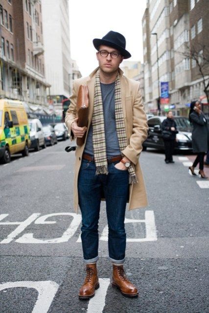 With camel coat, printed scarf, hat and cuffed jeans