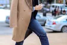 With classic shirt, vest, blazer, staright jeans and brown boots