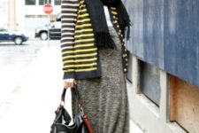 With gray maxi skirt, striped jacket, scarf and hat