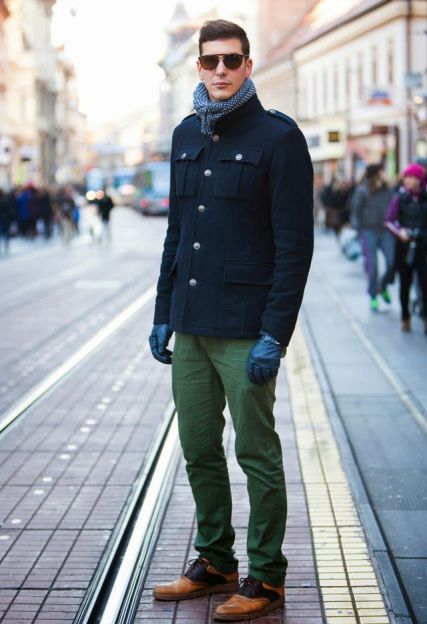 With green pants, two color shoes and printed scarf