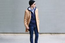 With jacket, beanie, trousers and brown shoes