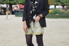 With jacket, printed scarf, shorts and dark color tights