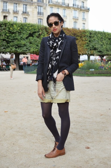 With jacket, printed scarf, shorts and dark color tights