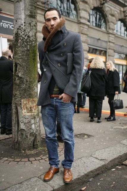With jeans, brown boots and jacket
