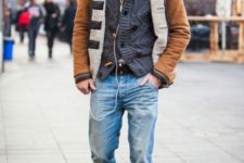 With knitted blazer, straight jeans and brown boots