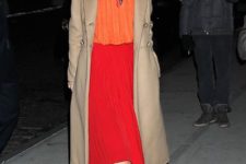 With orange blouse, red midi skirt and scarf