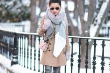With oversized scarf, camel coat, crossbody bag and gray jeans