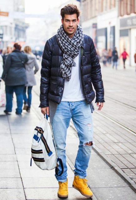 With printed scarf, white shirt, distressed jeans and yellow boots