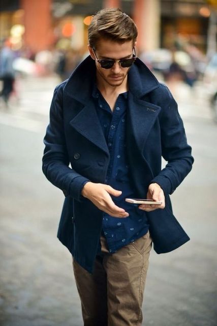 blue coat with jeans