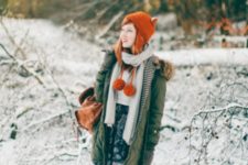 With printed skirt, parka and orange hat