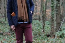 With puffer jacket, brown scarf and marsala pants