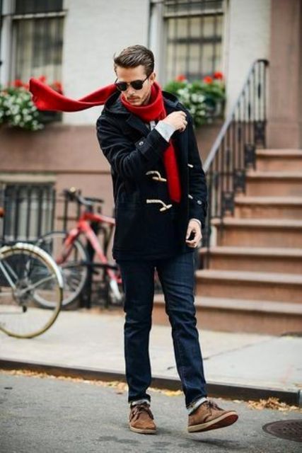 With red scarf, cuffed jeans and shoes