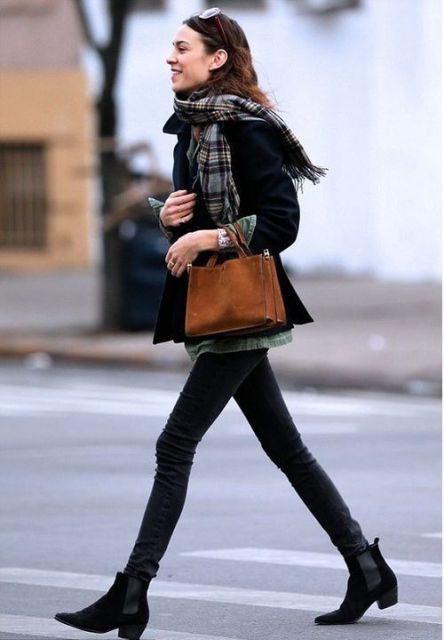 With skinnies, jacket, plaid scarf and suede bag