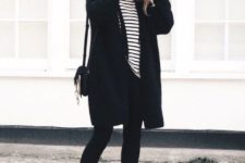 With striped shirt, cuffed pants, cardigan and mini bag